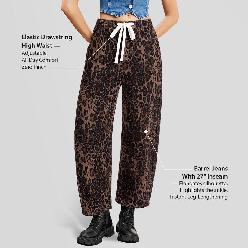 【GRAPENT Barrel Jeans Collection】Leopard Bold Barrel Jeans for Women | High Waisted Pull On Cropped Ankle Denim, Stretchy Cheetah Print Jeans for Early Fall Outfits, Animal Print Barrel Jeans,Back to School Shopping backtoschool