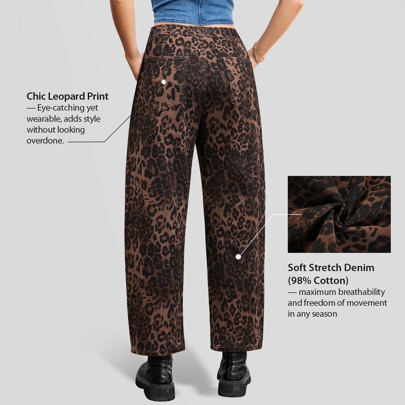 【GRAPENT Barrel Jeans Collection】Leopard Bold Barrel Jeans for Women | High Waisted Pull On Cropped Ankle Denim, Stretchy Cheetah Print Jeans for Early Fall Outfits, Animal Print Barrel Jeans,Back to School Shopping backtoschool