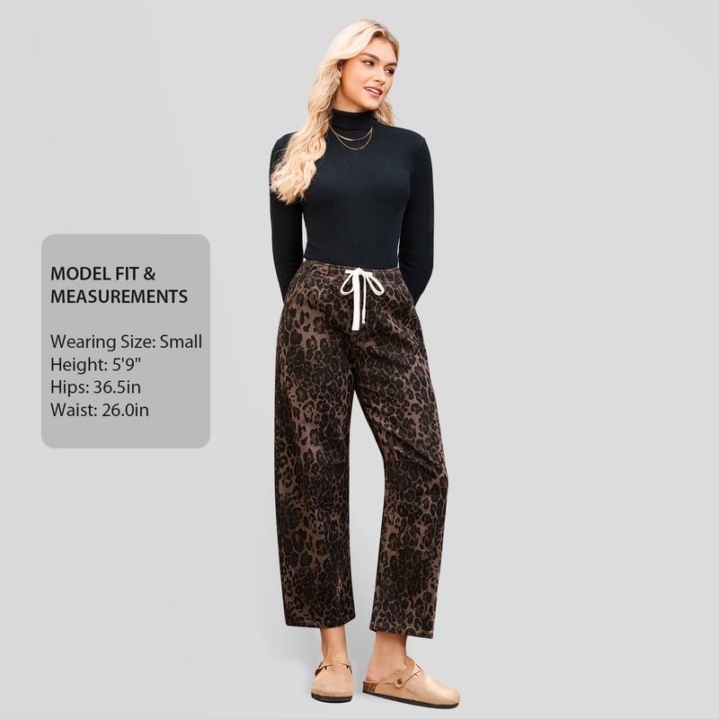 【GRAPENT Barrel Jeans Collection】Leopard Bold Barrel Jeans for Women | High Waisted Pull On Cropped Ankle Denim, Stretchy Cheetah Print Jeans for Early Fall Outfits, Animal Print Barrel Jeans,Back to School Shopping backtoschool