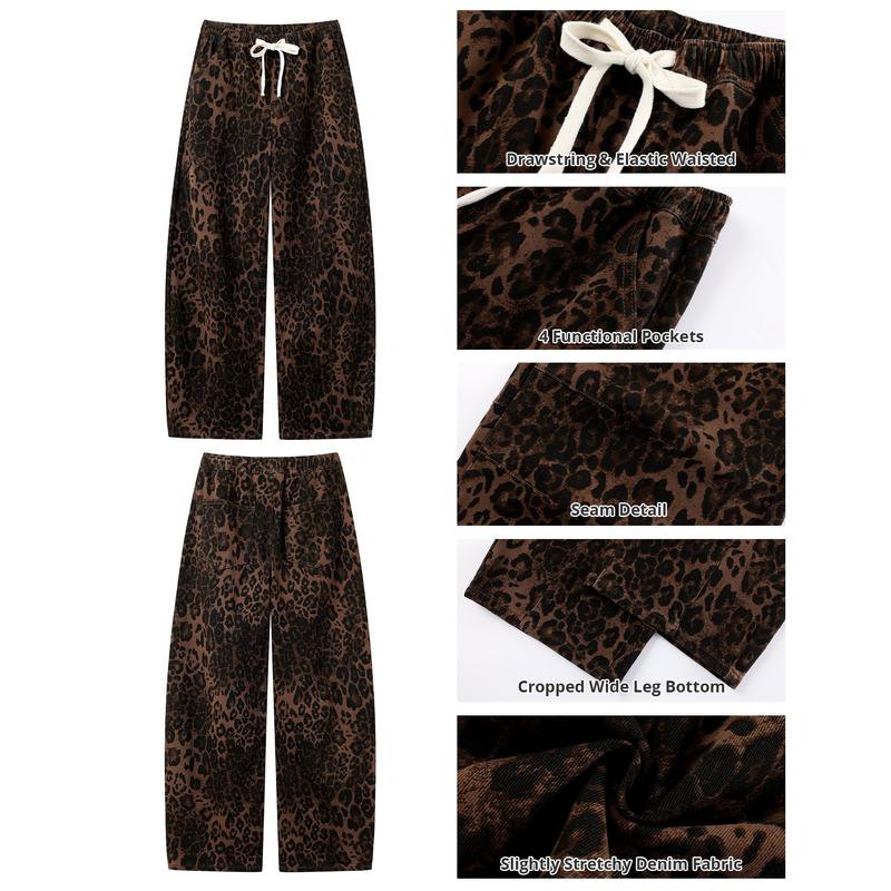 【GRAPENT Barrel Jeans Collection】Leopard Bold Barrel Jeans for Women | High Waisted Pull On Cropped Ankle Denim, Stretchy Cheetah Print Jeans for Early Fall Outfits, Animal Print Barrel Jeans,Back to School Shopping backtoschool
