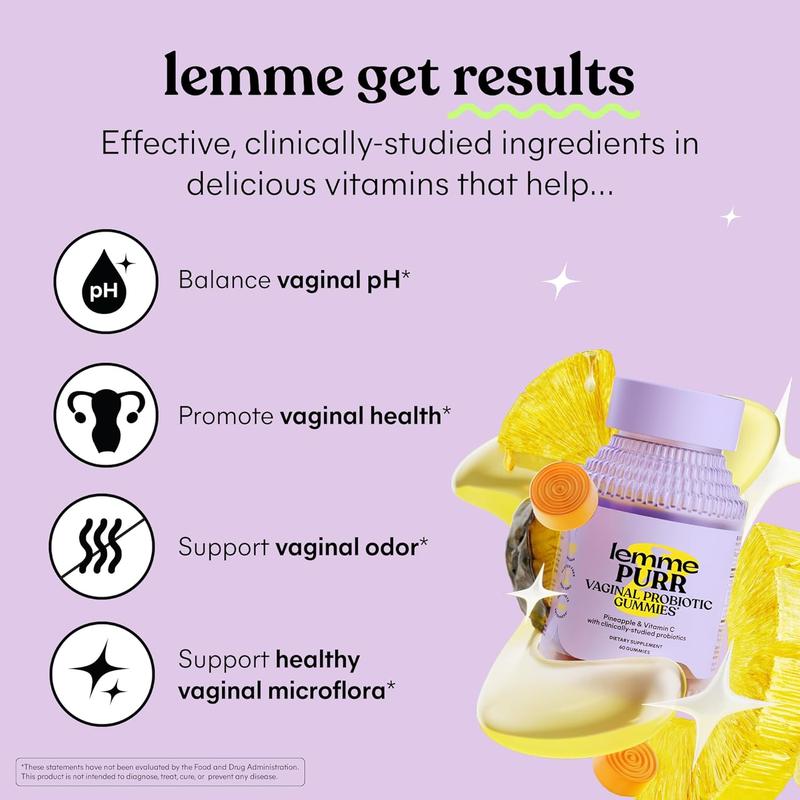 Lemme Purr Gummies - Vaginal Probiotic for Women - Balanced pH, Healthy Odor, Yeast Balance & Flora Support - Tasty Pineapple (60 Count)