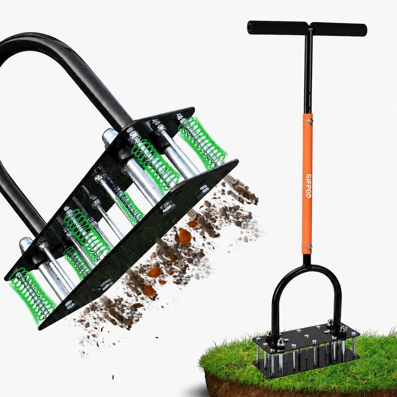 RIFPOD Lawn Aerator - Aerator Lawn Tool, Automatic Dirt and Leaf Clean Design, Heavy Duty Manual Lawn Aerator Tool with 15 Iron Spikes, Height Adjustable, Yard Grass Aerator for Lawn (Black)