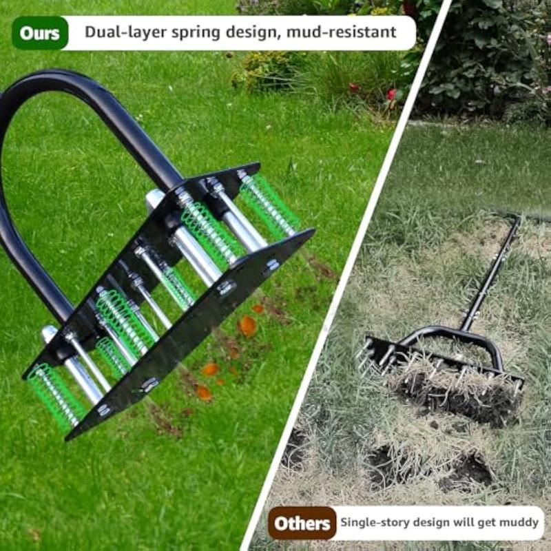 RIFPOD Lawn Aerator - Aerator Lawn Tool, Automatic Dirt and Leaf Clean Design, Heavy Duty Manual Lawn Aerator Tool with 15 Iron Spikes, Height Adjustable, Yard Grass Aerator for Lawn (Black)