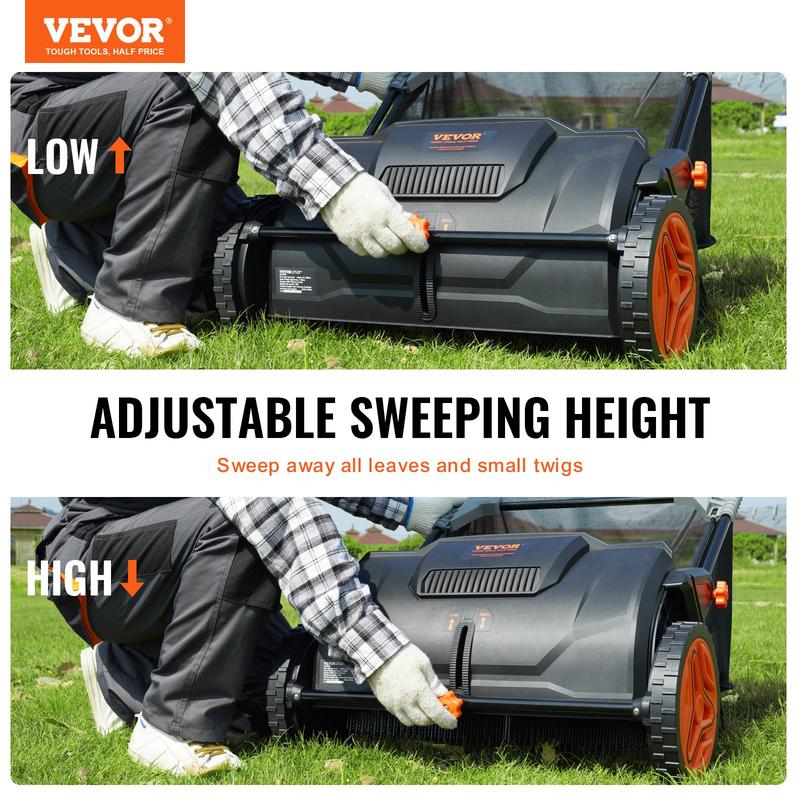【Summerfinds】VEVOR 21-Inch Push Lawn Sweeper Leaf & Grass Collector Tool, 3.5 cu. ft. Non-Woven Mesh Hopper Bag, 2 Spinning Brushes, Strong Rubber Wheels, Adjustable Handle, Height-Adjustable Design - Ideal for Leaf Cleanup, Hang Wall Storage, Dad Gift, T