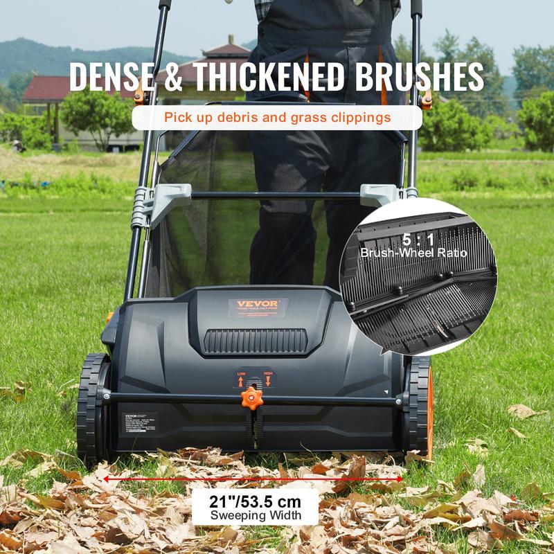 【Summerfinds】VEVOR 21-Inch Push Lawn Sweeper Leaf & Grass Collector Tool, 3.5 cu. ft. Non-Woven Mesh Hopper Bag, 2 Spinning Brushes, Strong Rubber Wheels, Adjustable Handle, Height-Adjustable Design - Ideal for Leaf Cleanup, Hang Wall Storage, Dad Gift, T