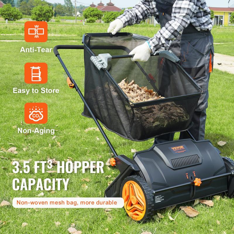 【Summerfinds】VEVOR 21-Inch Push Lawn Sweeper Leaf & Grass Collector Tool, 3.5 cu. ft. Non-Woven Mesh Hopper Bag, 2 Spinning Brushes, Strong Rubber Wheels, Adjustable Handle, Height-Adjustable Design - Ideal for Leaf Cleanup, Hang Wall Storage, Dad Gift, T