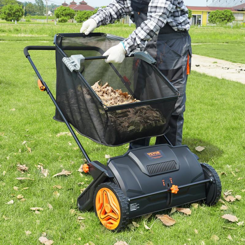 【Summerfinds】VEVOR 21-Inch Push Lawn Sweeper Leaf & Grass Collector Tool, 3.5 cu. ft. Non-Woven Mesh Hopper Bag, 2 Spinning Brushes, Strong Rubber Wheels, Adjustable Handle, Height-Adjustable Design - Ideal for Leaf Cleanup, Hang Wall Storage, Dad Gift, T