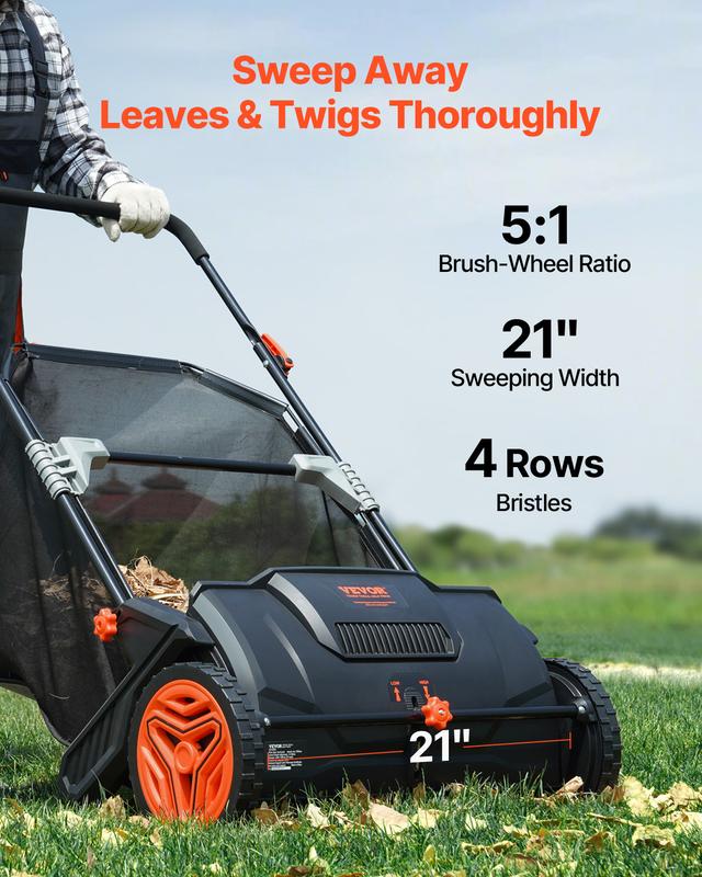 【Summerfinds】VEVOR 21-Inch Push Lawn Sweeper Leaf & Grass Collector Tool, 3.5 cu. ft. Non-Woven Mesh Hopper Bag, 2 Spinning Brushes, Strong Rubber Wheels, Adjustable Handle, Height-Adjustable Design - Ideal for Leaf Cleanup, Hang Wall Storage, Dad Gift, T
