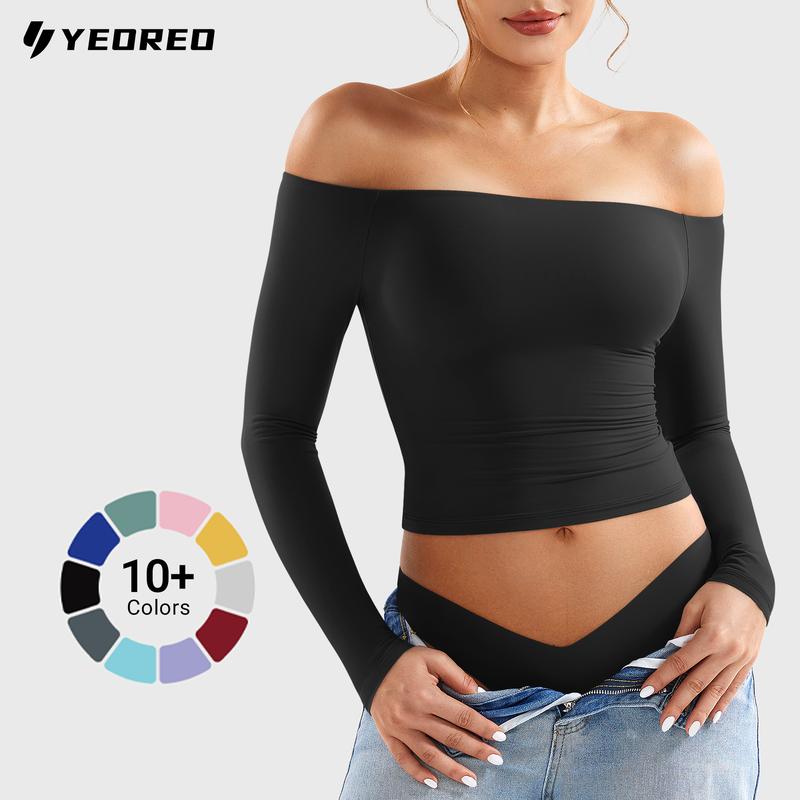 YEOREO Sophie Buttery Soft Off Shoulder Long Sleeve Shirt Double Lined Y2K Going Out Top Casual Cute Basic Womenswear summerwins,travel essentials,camping essentials tiktokshopbacktoschool,back to school,back to school haul