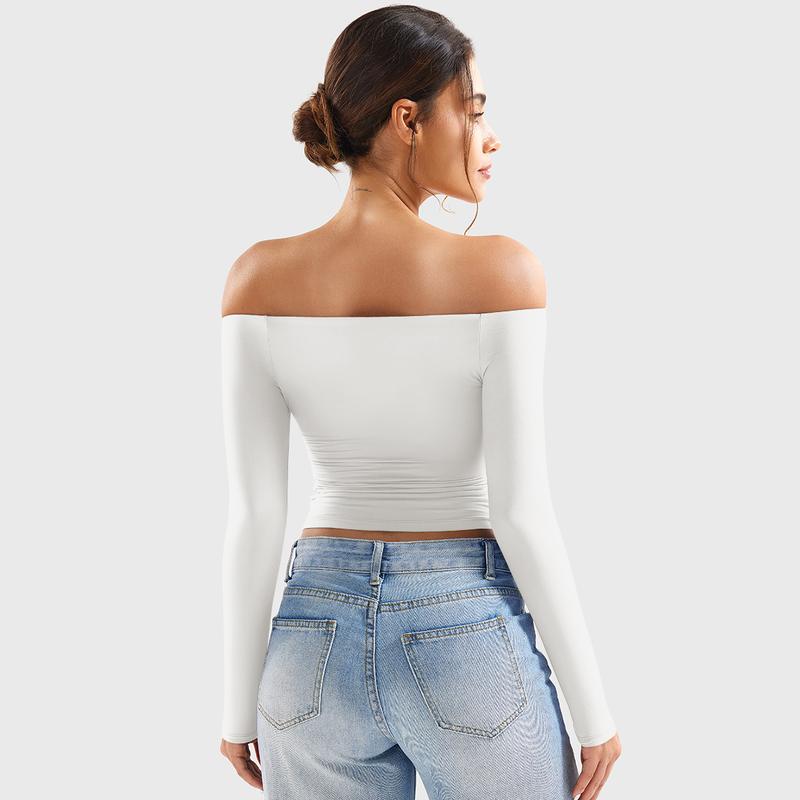 YEOREO Sophie Buttery Soft Off Shoulder Long Sleeve Shirt Double Lined Y2K Going Out Top Casual Cute Basic Womenswear summerwins,travel essentials,camping essentials tiktokshopbacktoschool,back to school,back to school haul