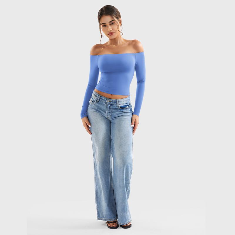 YEOREO Sophie Buttery Soft Off Shoulder Long Sleeve Shirt Double Lined Y2K Going Out Top Casual Cute Basic Womenswear summerwins,travel essentials,camping essentials tiktokshopbacktoschool,back to school,back to school haul