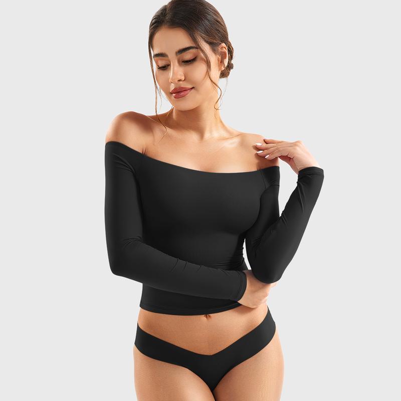 YEOREO Sophie Buttery Soft Off Shoulder Long Sleeve Shirt Double Lined Y2K Going Out Top Casual Cute Basic Womenswear summerwins,travel essentials,camping essentials tiktokshopbacktoschool,back to school,back to school haul