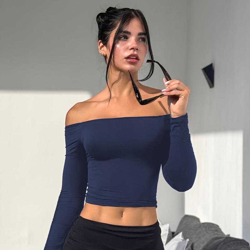 YEOREO Sophie Buttery Soft Off Shoulder Long Sleeve Shirt Double Lined Y2K Going Out Top Casual Cute Basic Womenswear summerwins,travel essentials,camping essentials tiktokshopbacktoschool,back to school,back to school haul