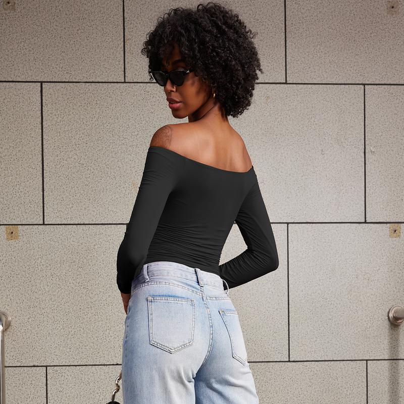 YEOREO Sophie Buttery Soft Off Shoulder Long Sleeve Shirt Double Lined Y2K Going Out Top Casual Cute Basic Womenswear summerwins,travel essentials,camping essentials tiktokshopbacktoschool,back to school,back to school haul